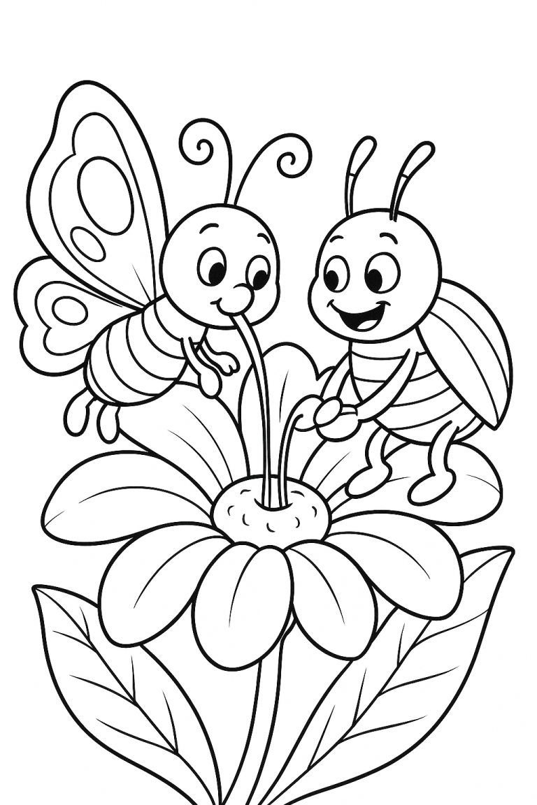 Butterfly and bee on a flower coloring page