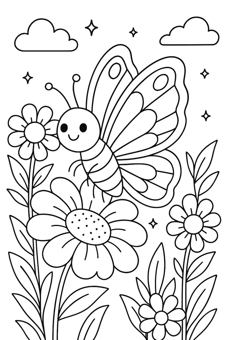 Butterfly coloring page with flowers for kids
