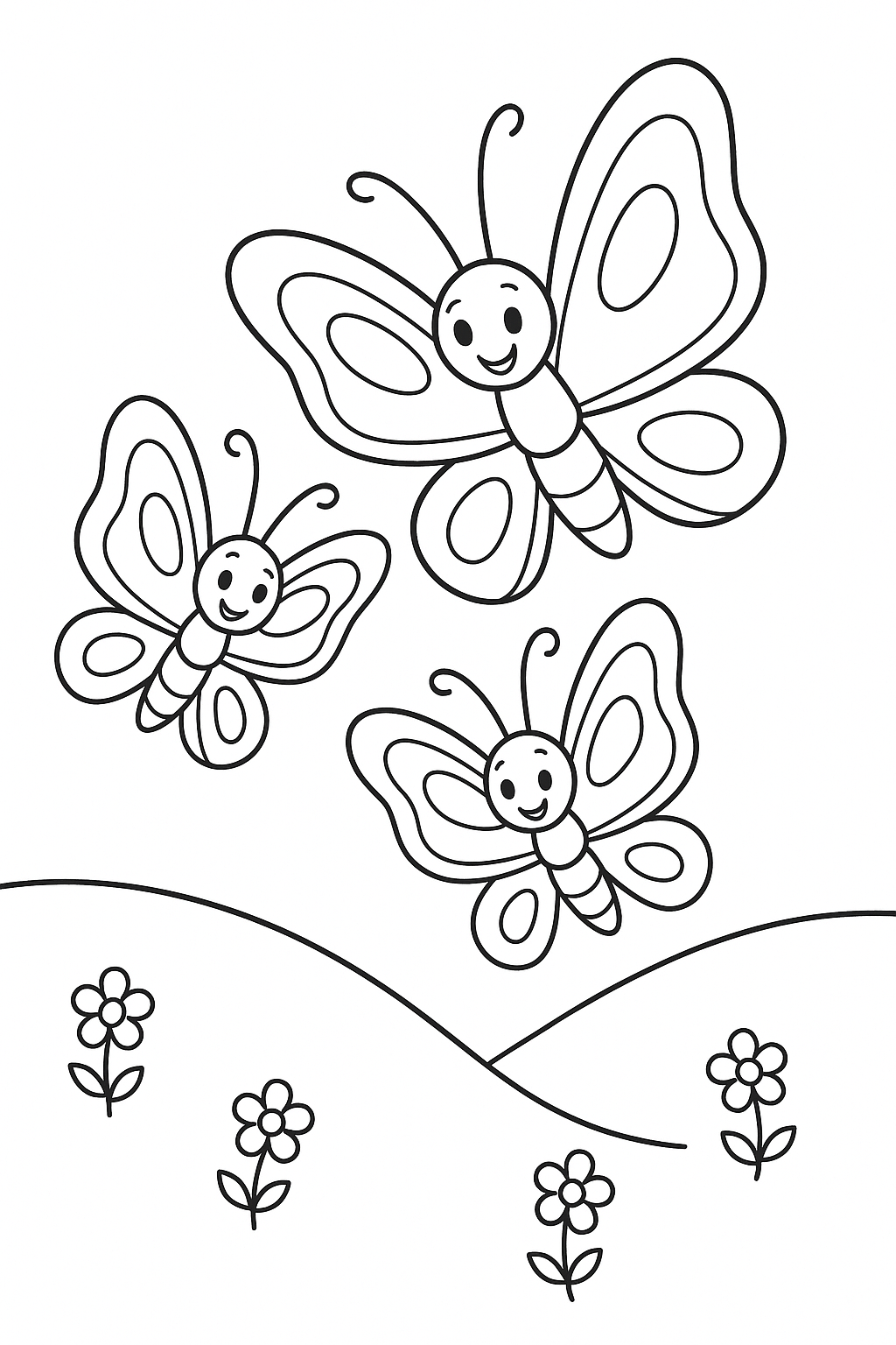 Children's coloring page with three butterflies.