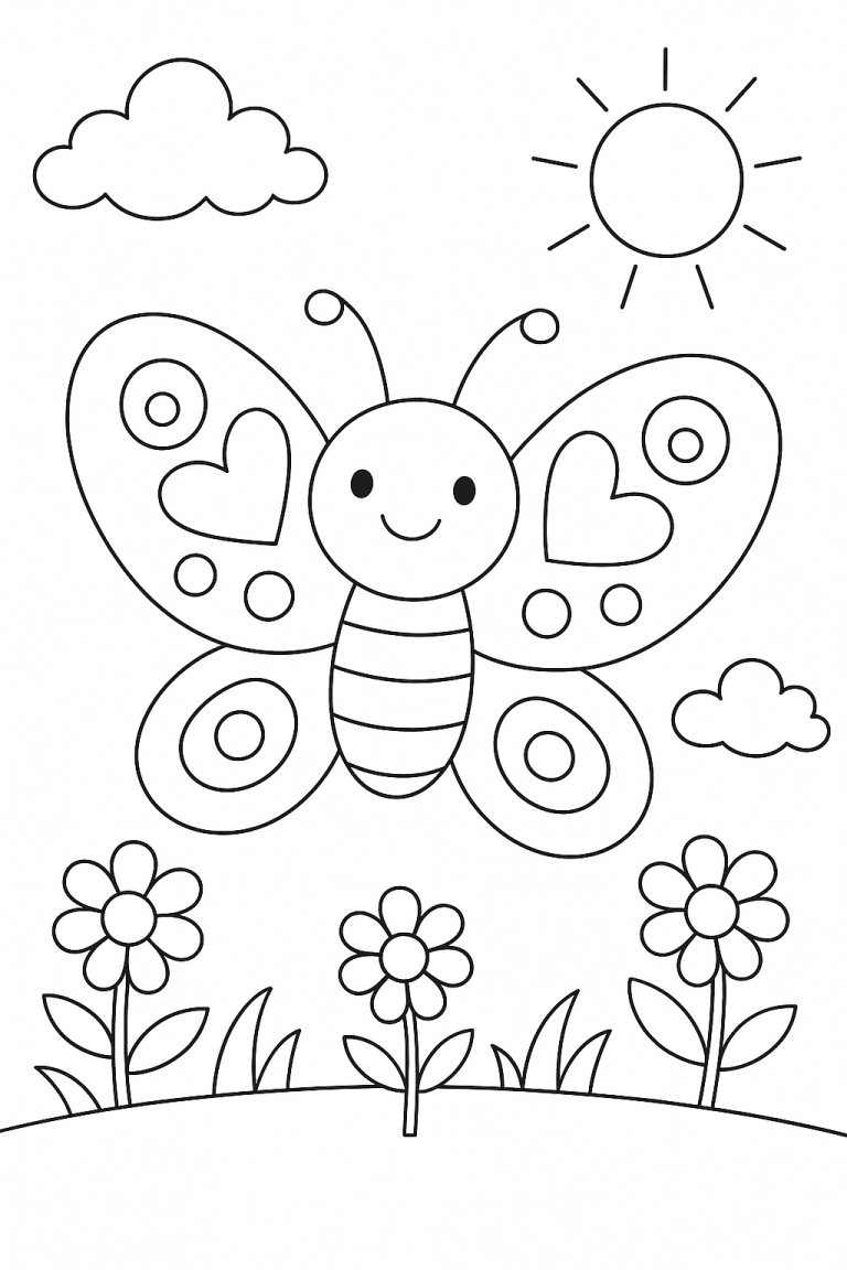 Children's butterfly coloring page with flowers and sun