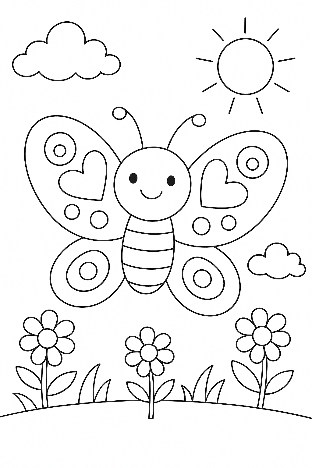 Children's butterfly coloring page with flowers and sun