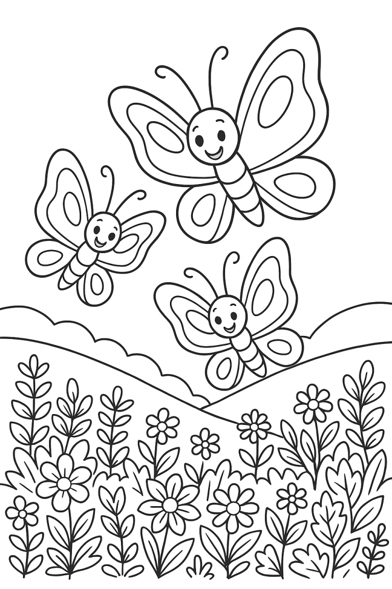 Butterfly coloring page with flowers for children