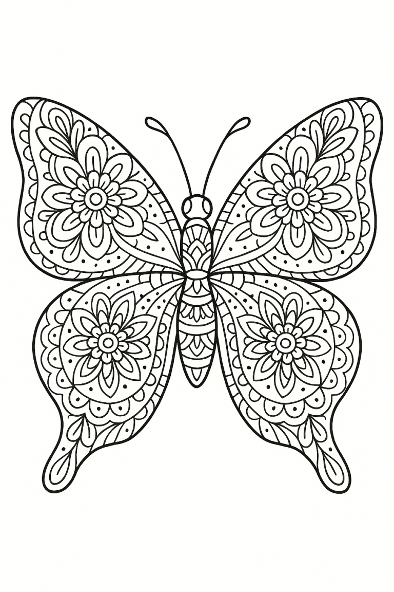 Intricate butterfly coloring page with floral patterns