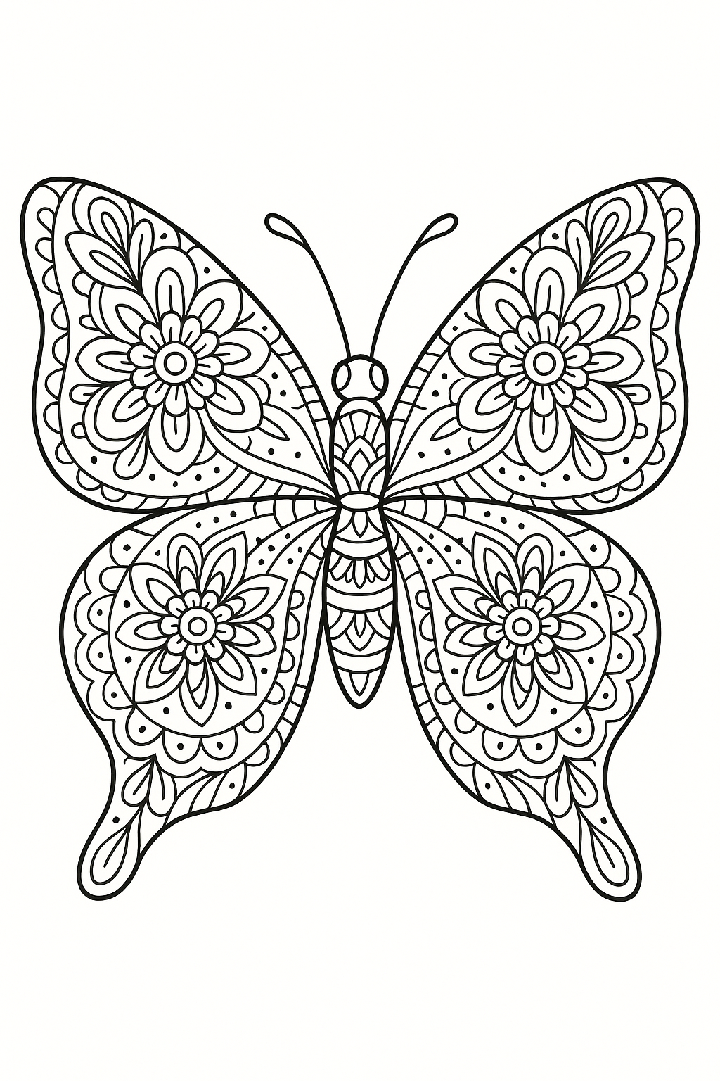 Intricate butterfly coloring page with floral patterns