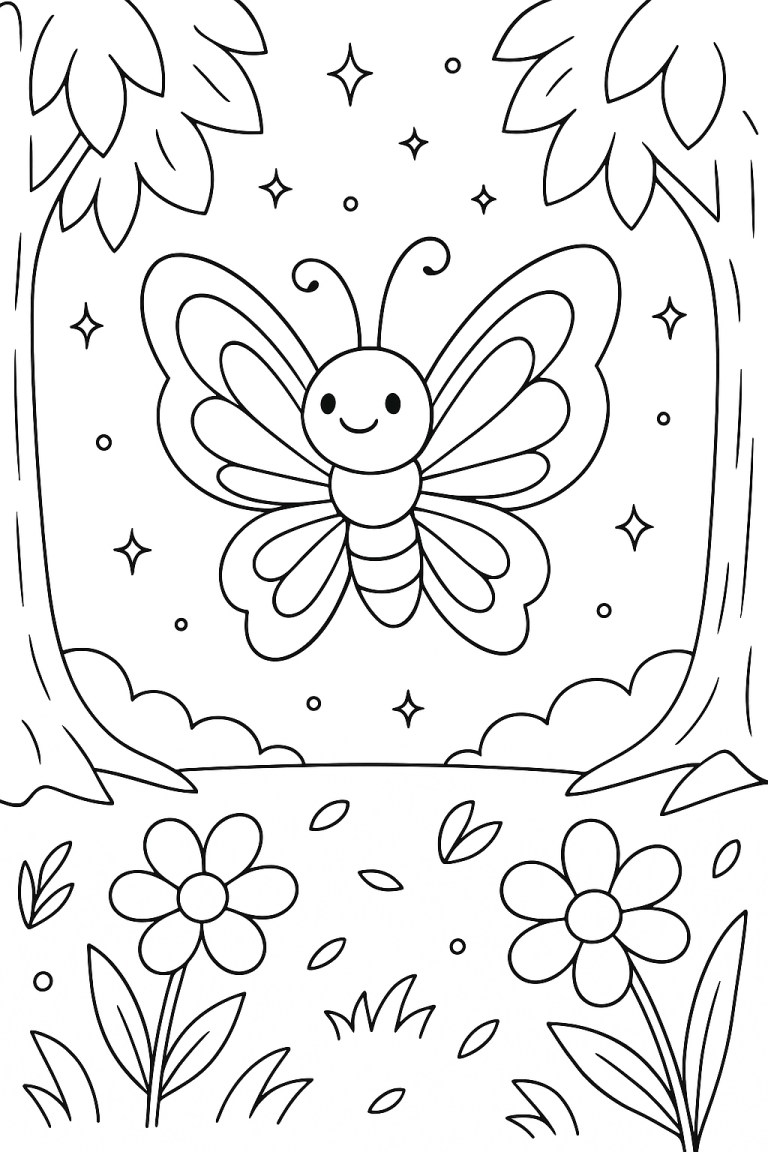 Smiling butterfly with flowers coloring page