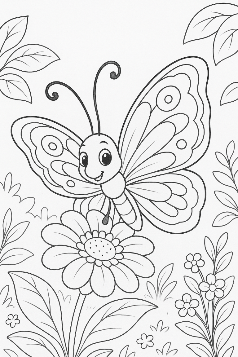 Coloring page of a butterfly on a flower