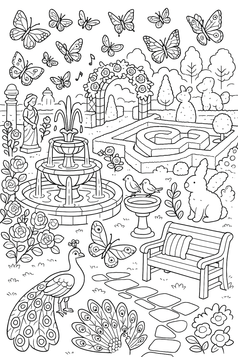 Butterfly garden coloring page with animals and plants.