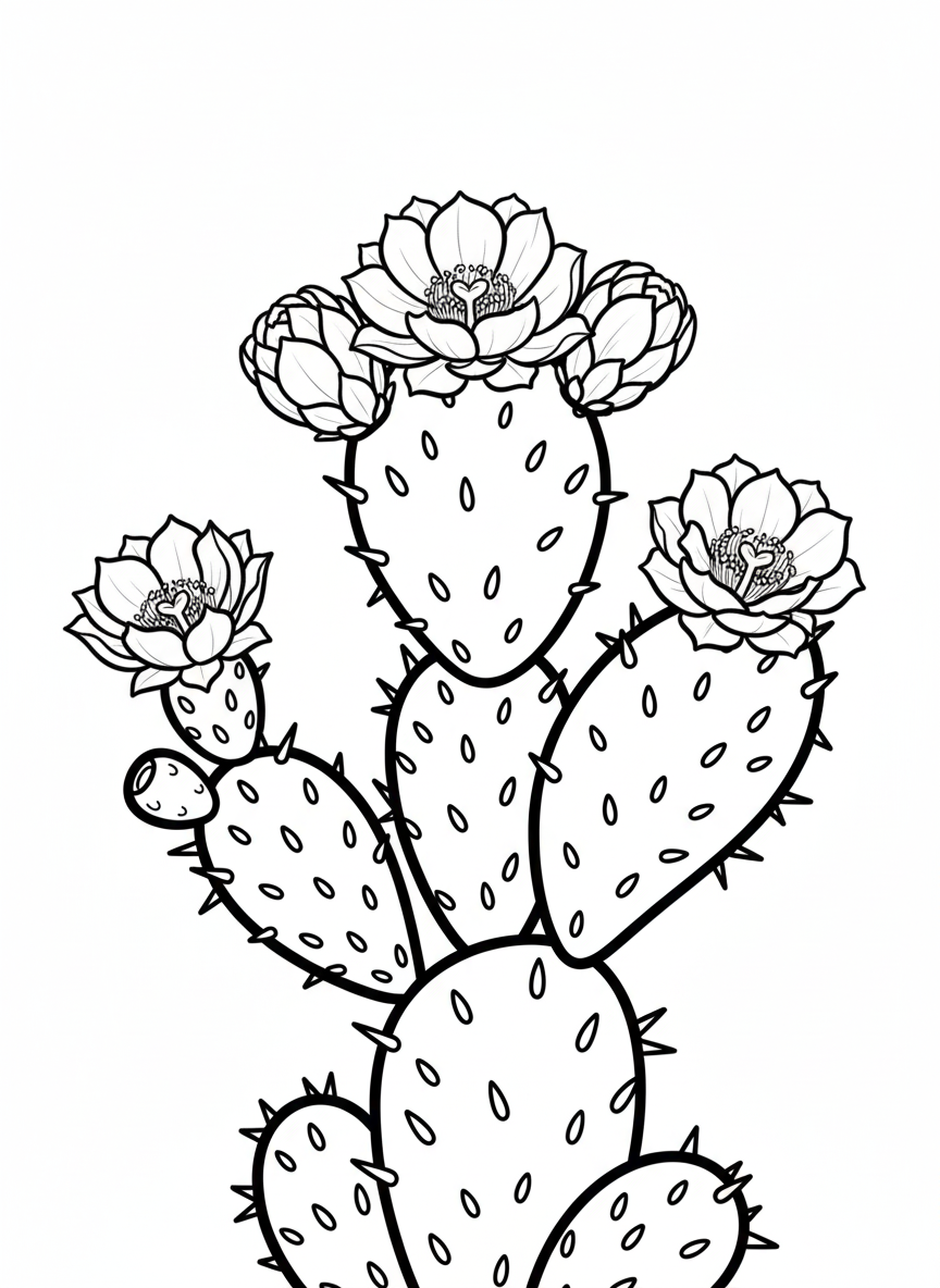 Cactus coloring page with flowers