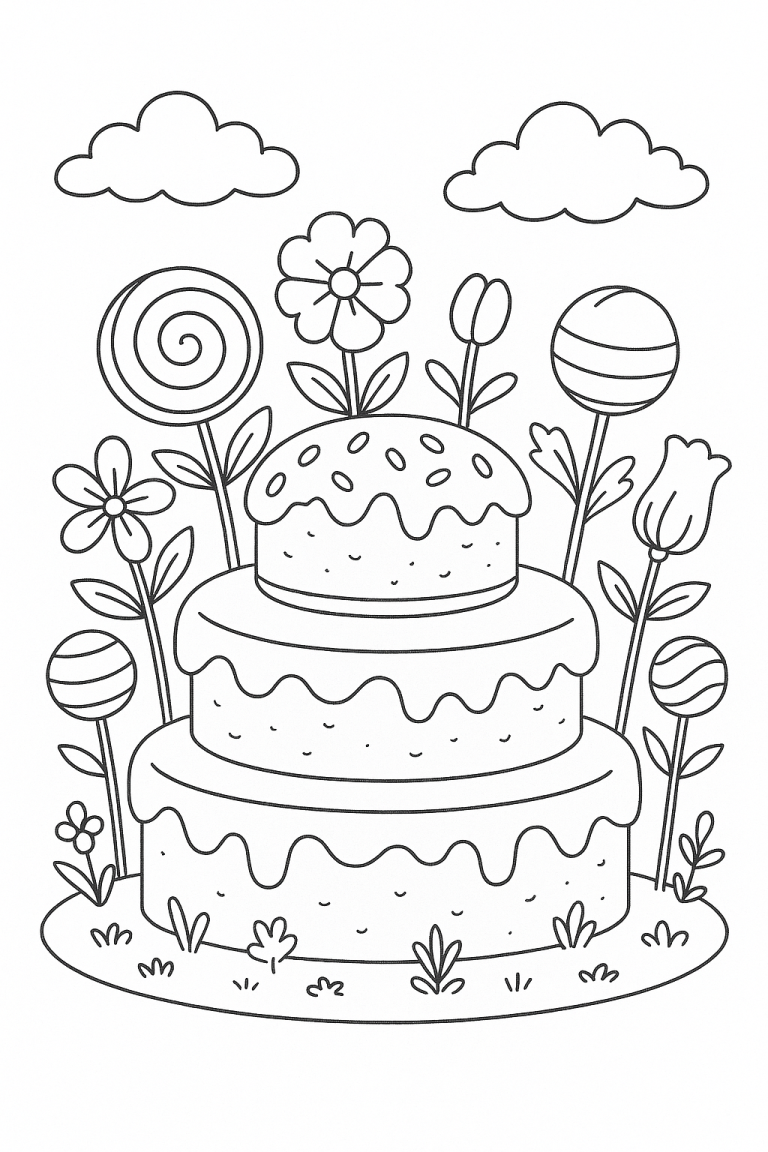 A cake with frosting, surrounded by flowers and lollipops.