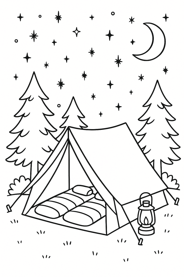 Children's coloring page of a tent under stars