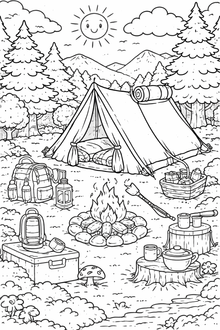 Coloring page of a camping site with a tent and campfire