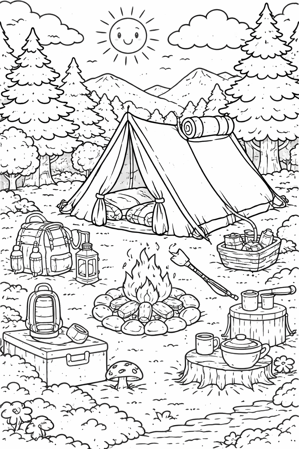 Coloring page of a camping site with a tent and campfire