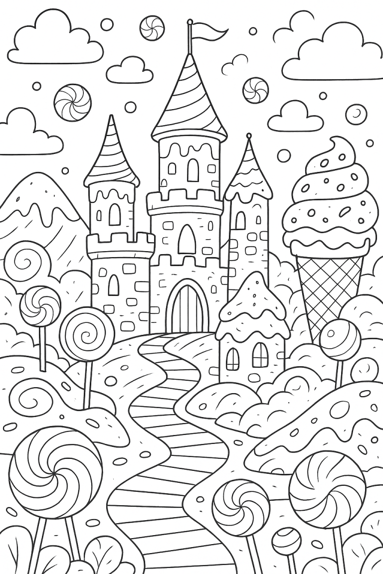 Whimsical candy castle coloring page with sweets