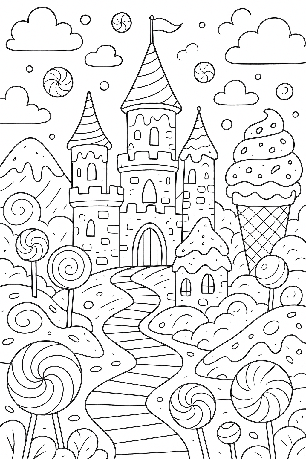 Whimsical candy castle coloring page with sweets