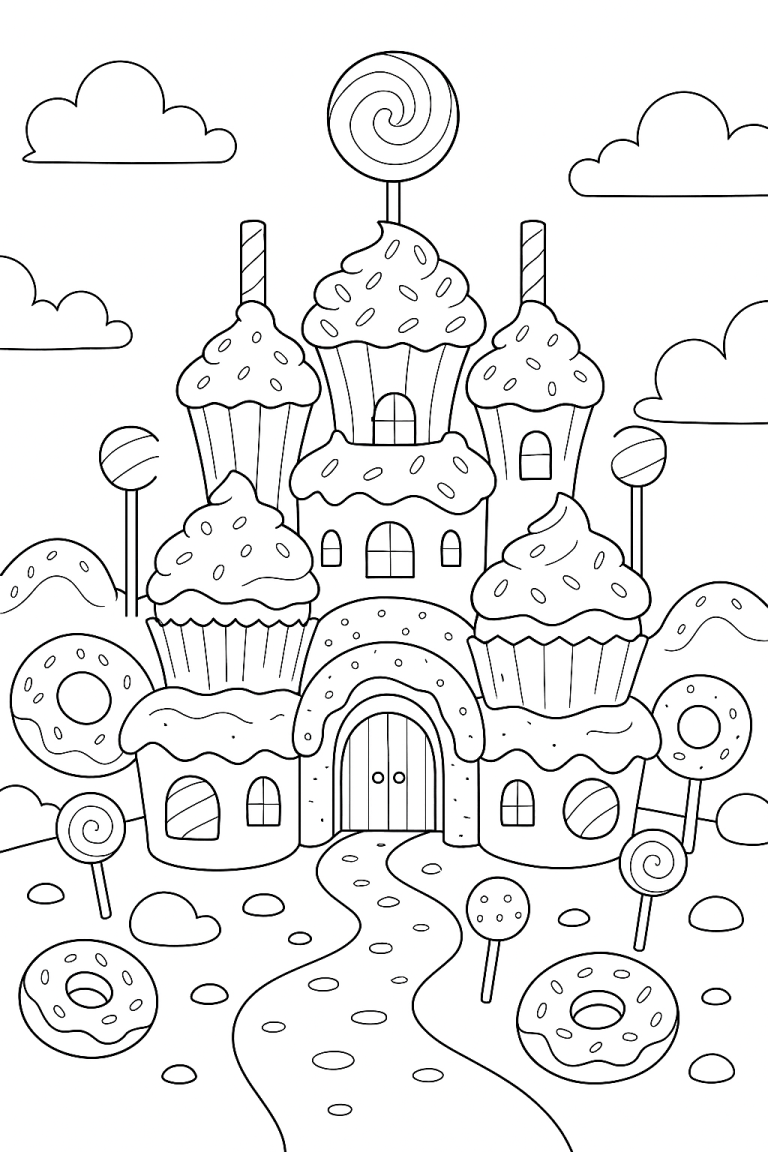 Candy castle with cupcakes and lollipops coloring page