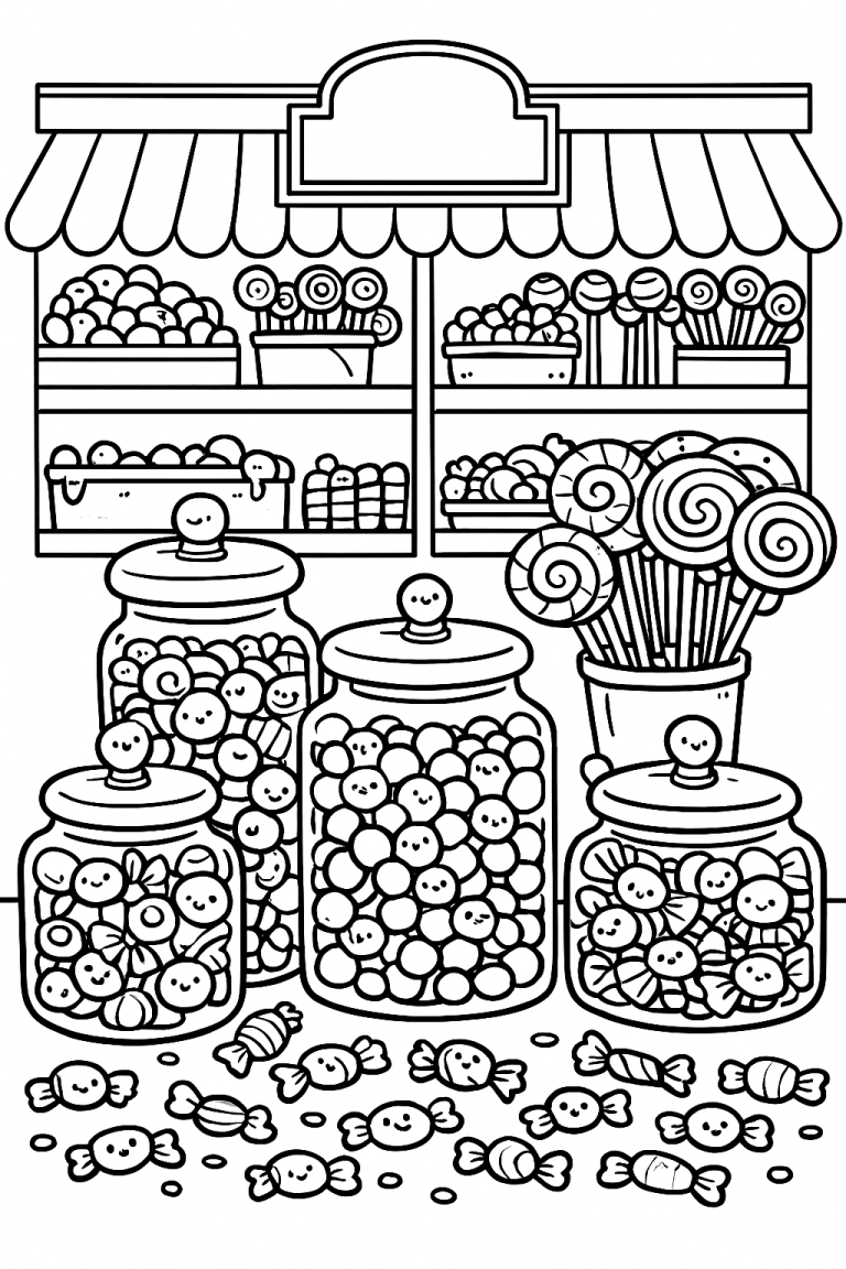 Children's coloring page of a candy shop filled with sweets