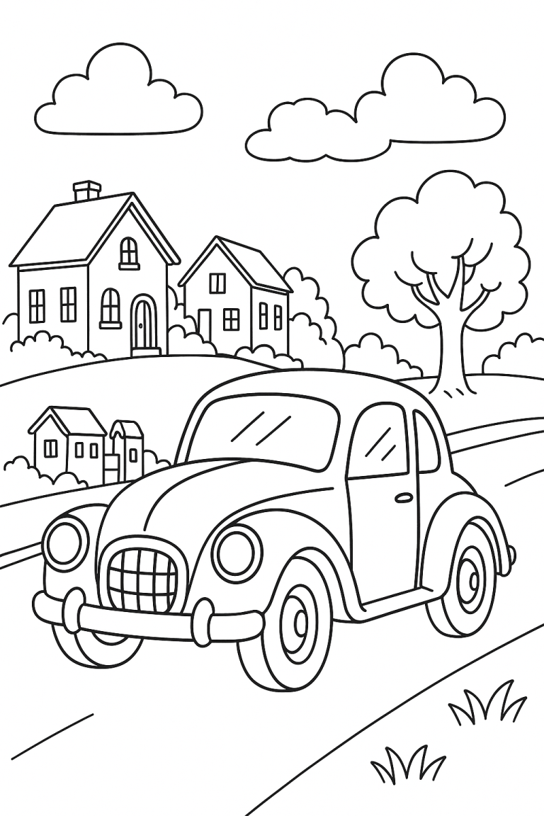Car driving through a scenic landscape with houses and trees.