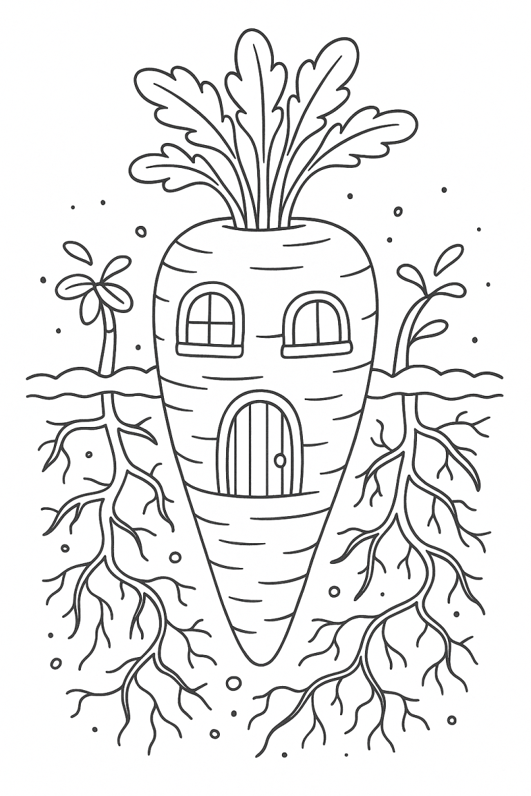 Coloring page of a carrot house with roots and leaves.