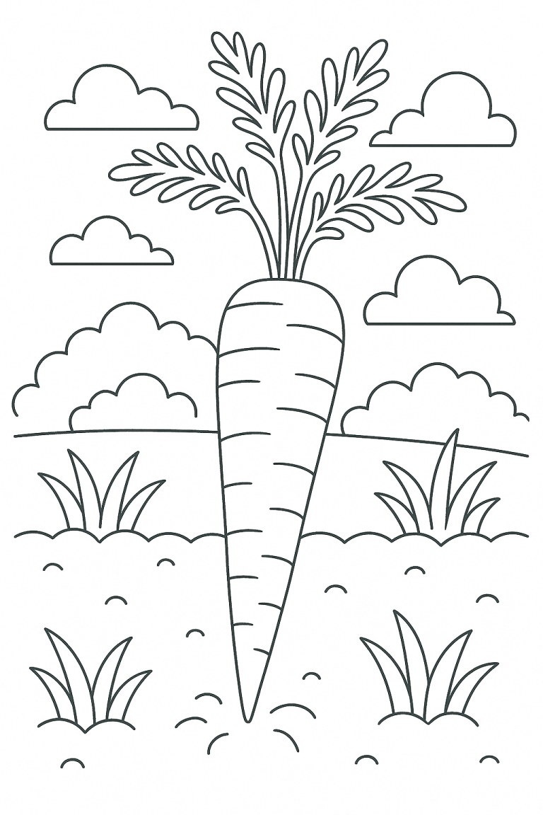 Children's coloring page with a carrot in a field