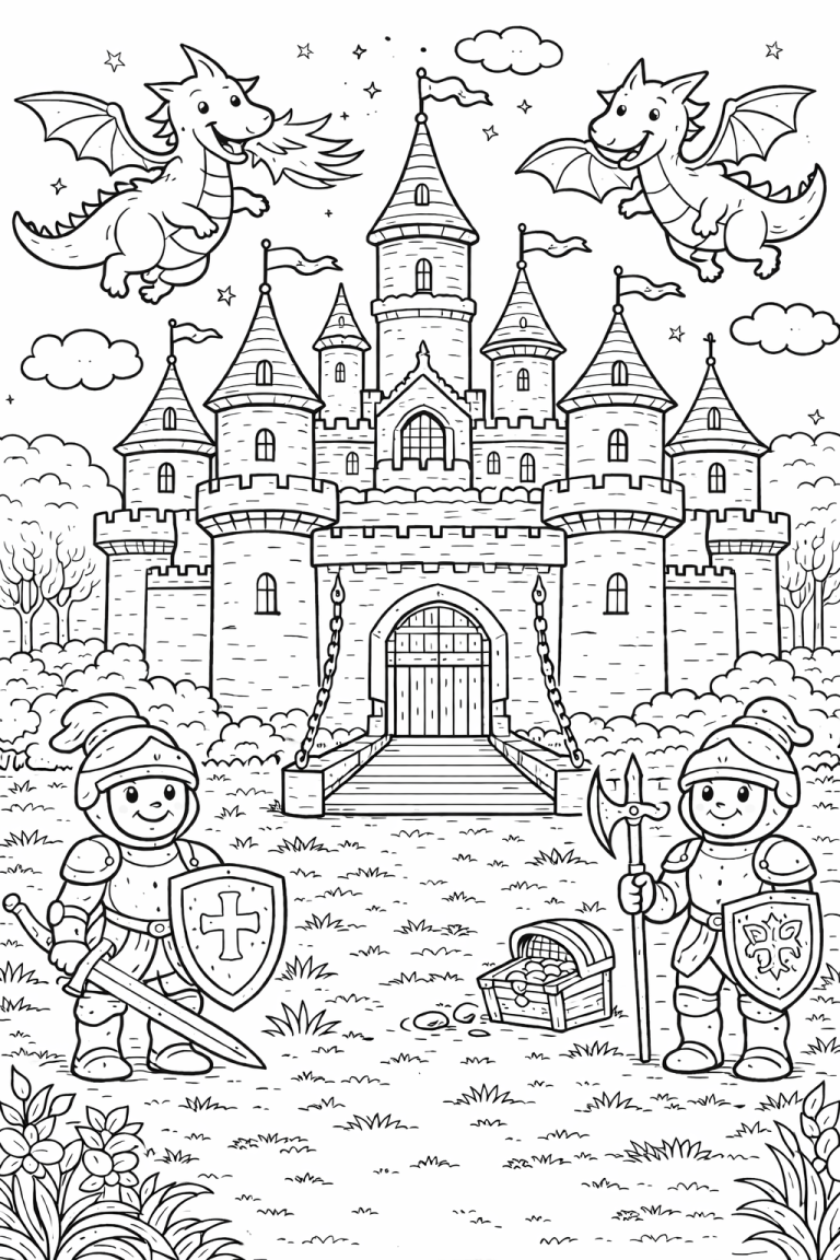 Castle with knights and dragons coloring page