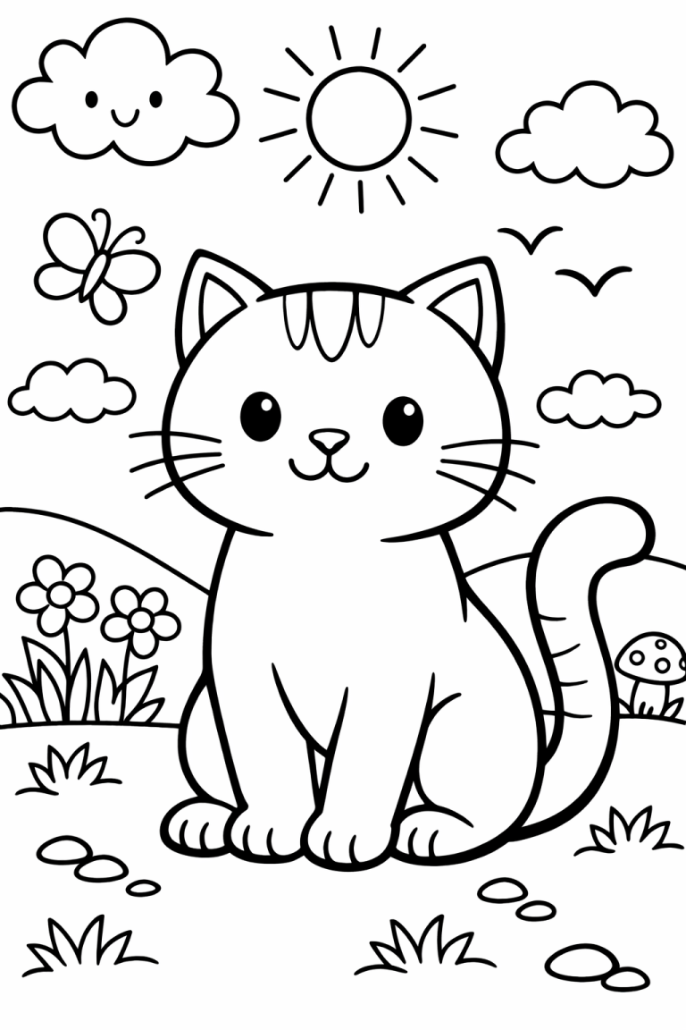Cute cartoon cat in a coloring page setting with clouds and sun
