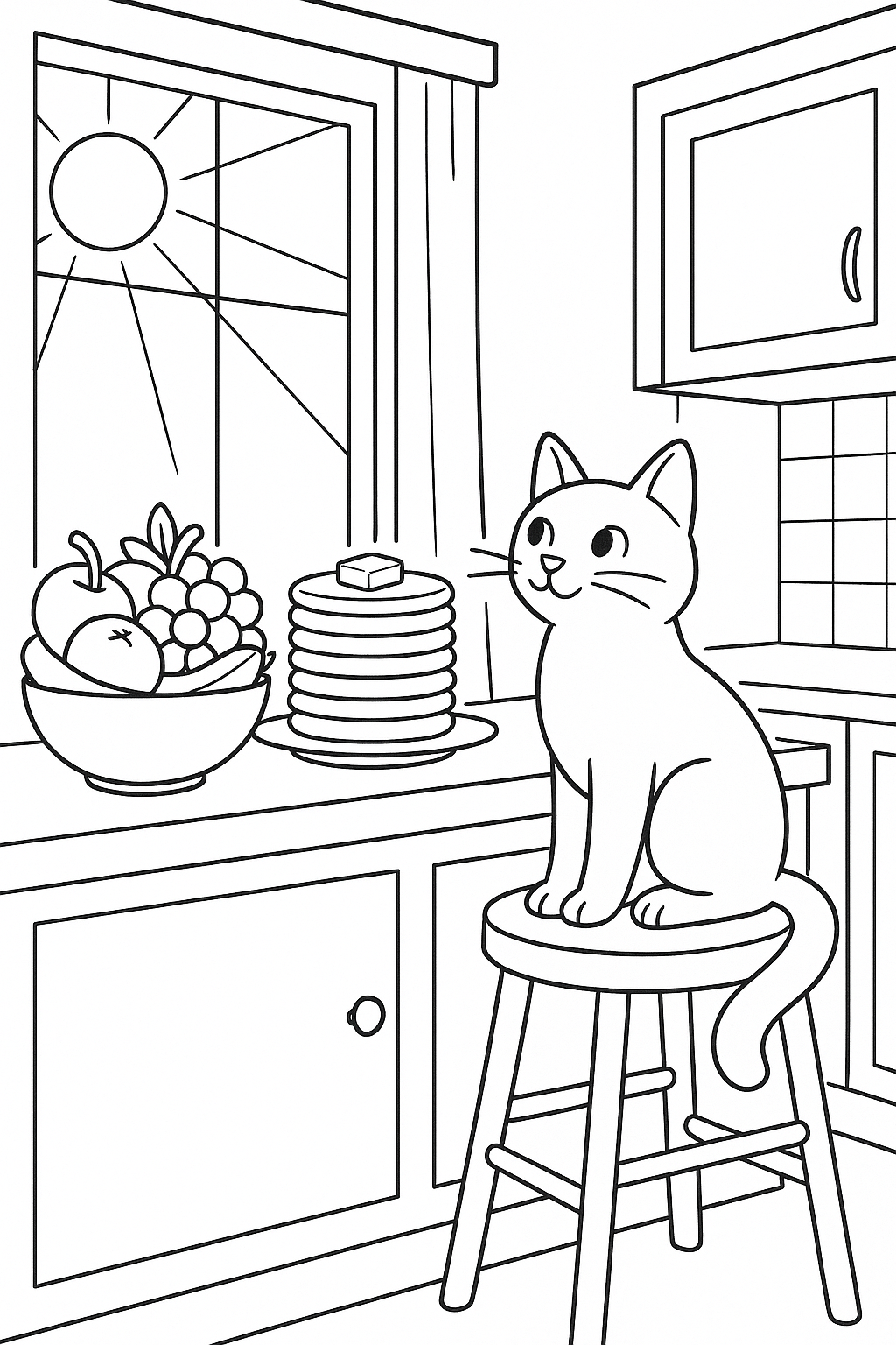 Cat sitting on a stool in a kitchen with pancakes and fruit