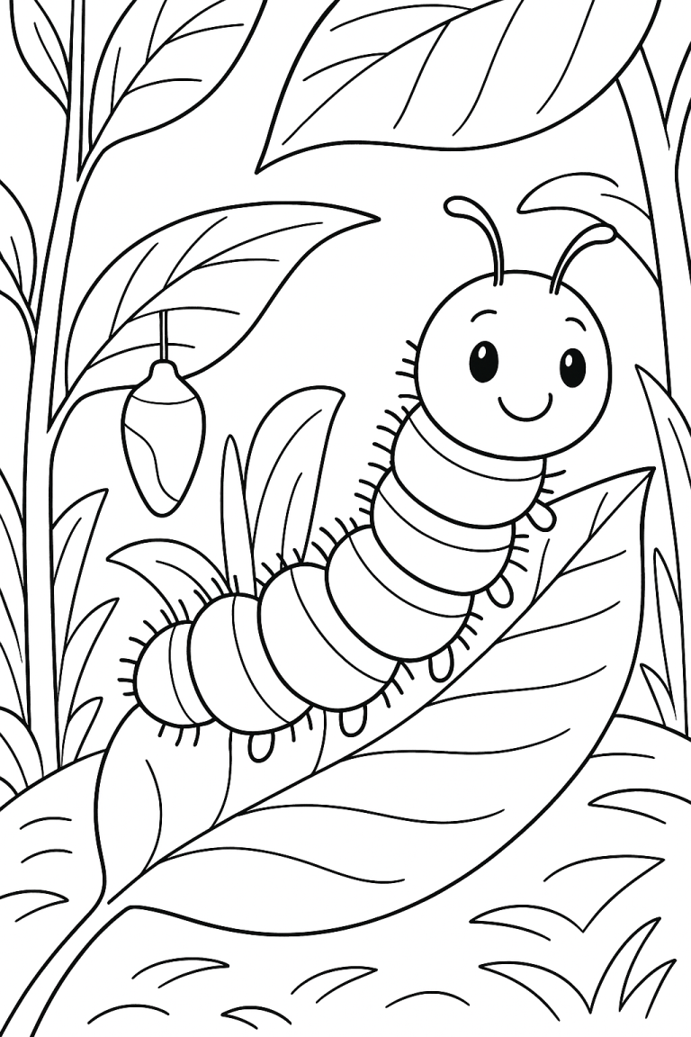 Caterpillar coloring page with a cute caterpillar on a leaf