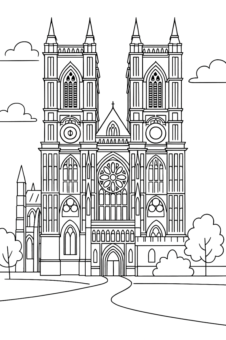 Line drawing of a cathedral for coloring