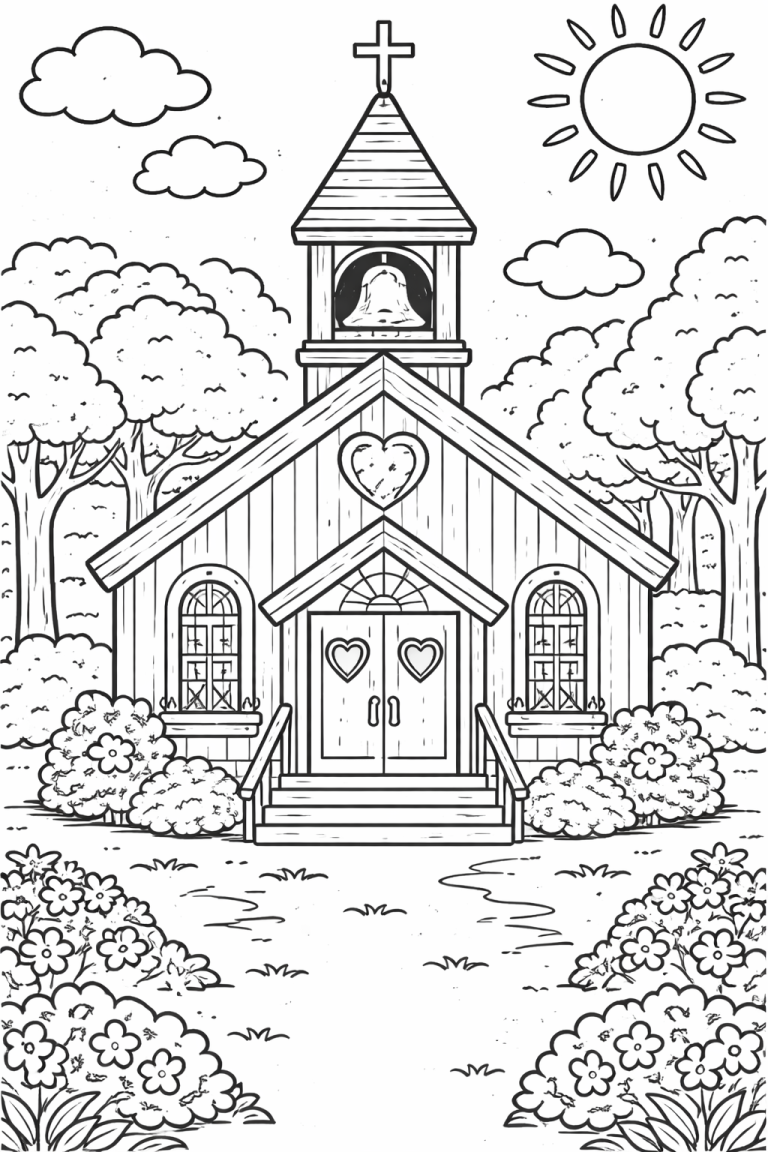 Coloring page featuring a chapel surrounded by trees and flowers.