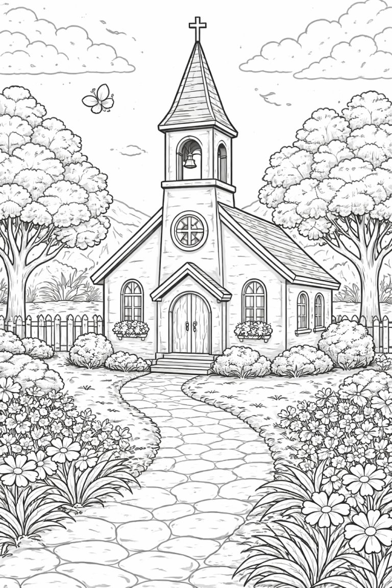Coloring page of a church with trees and flowers