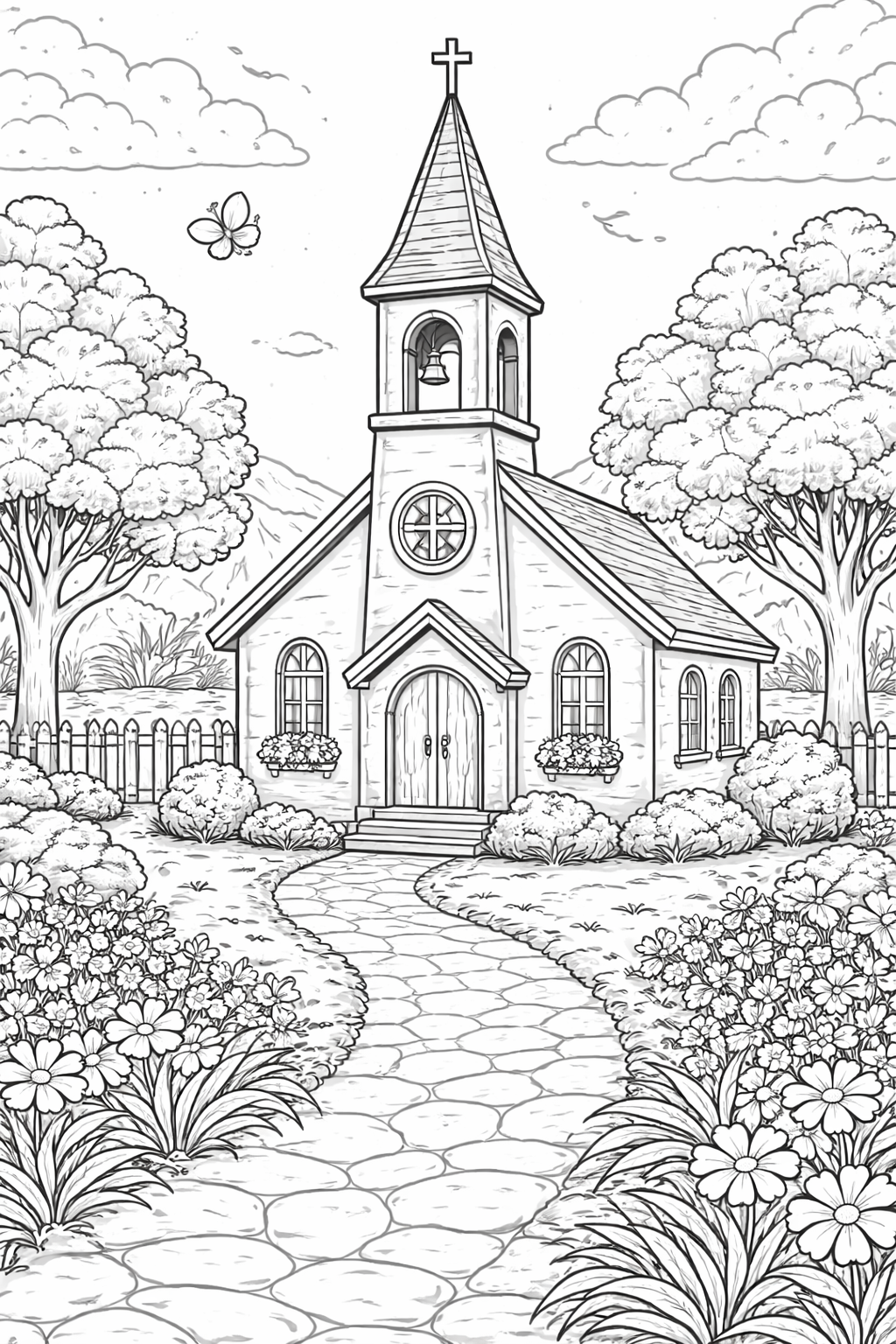 Coloring page of a church with trees and flowers