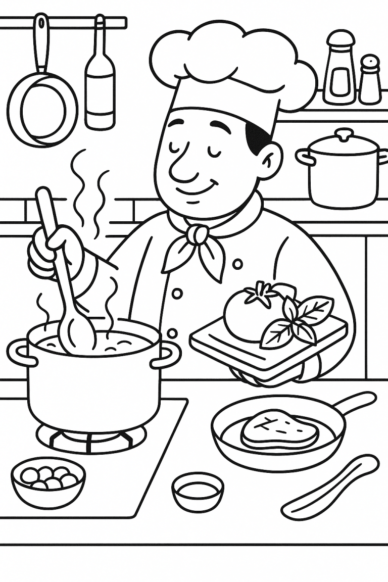 Coloring page of a chef cooking in a kitchen