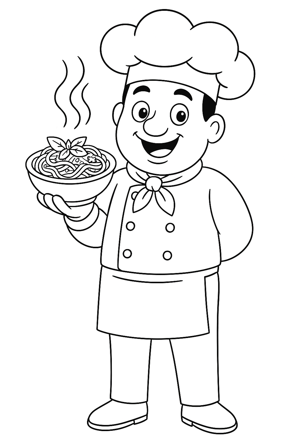 Coloring page of a smiling chef with a bowl of pasta
