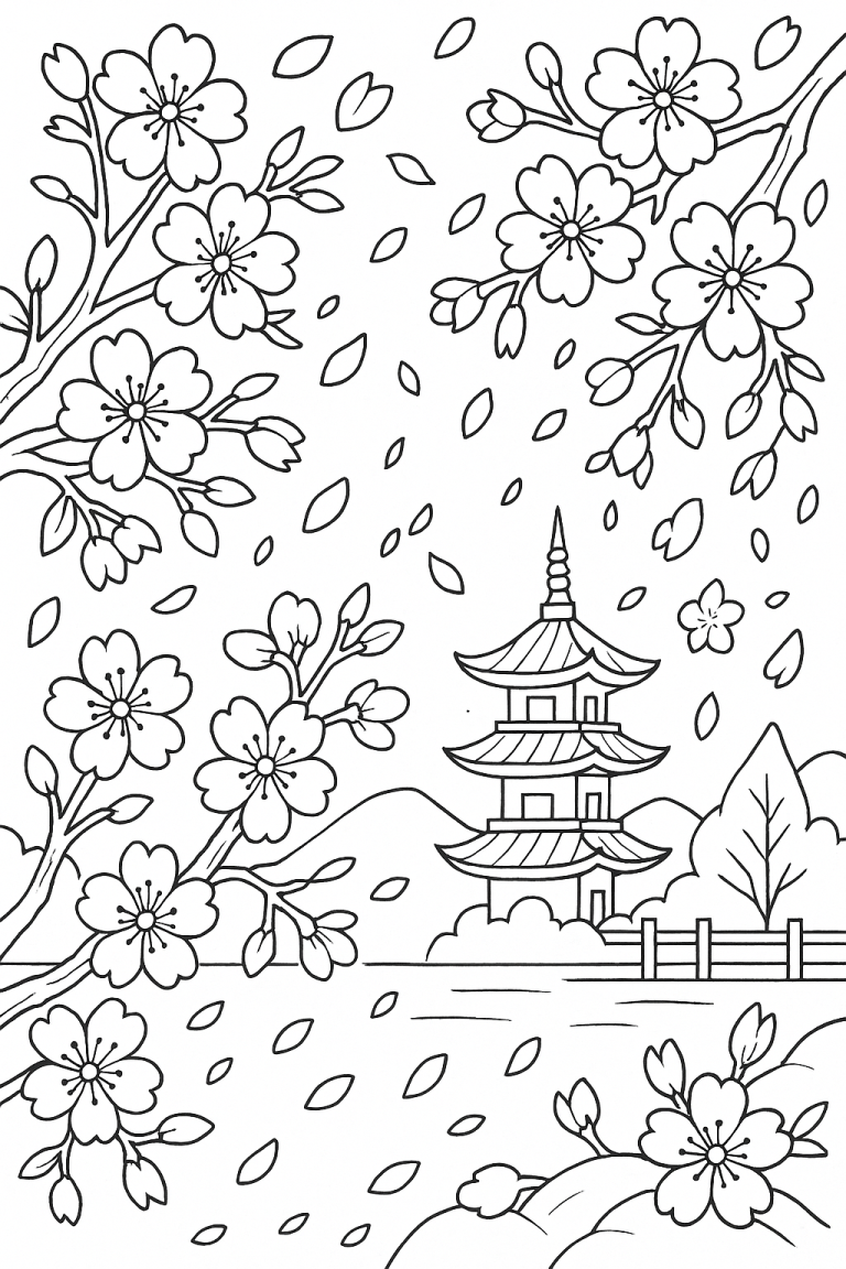 Cherry blossom scene with pagoda and petals