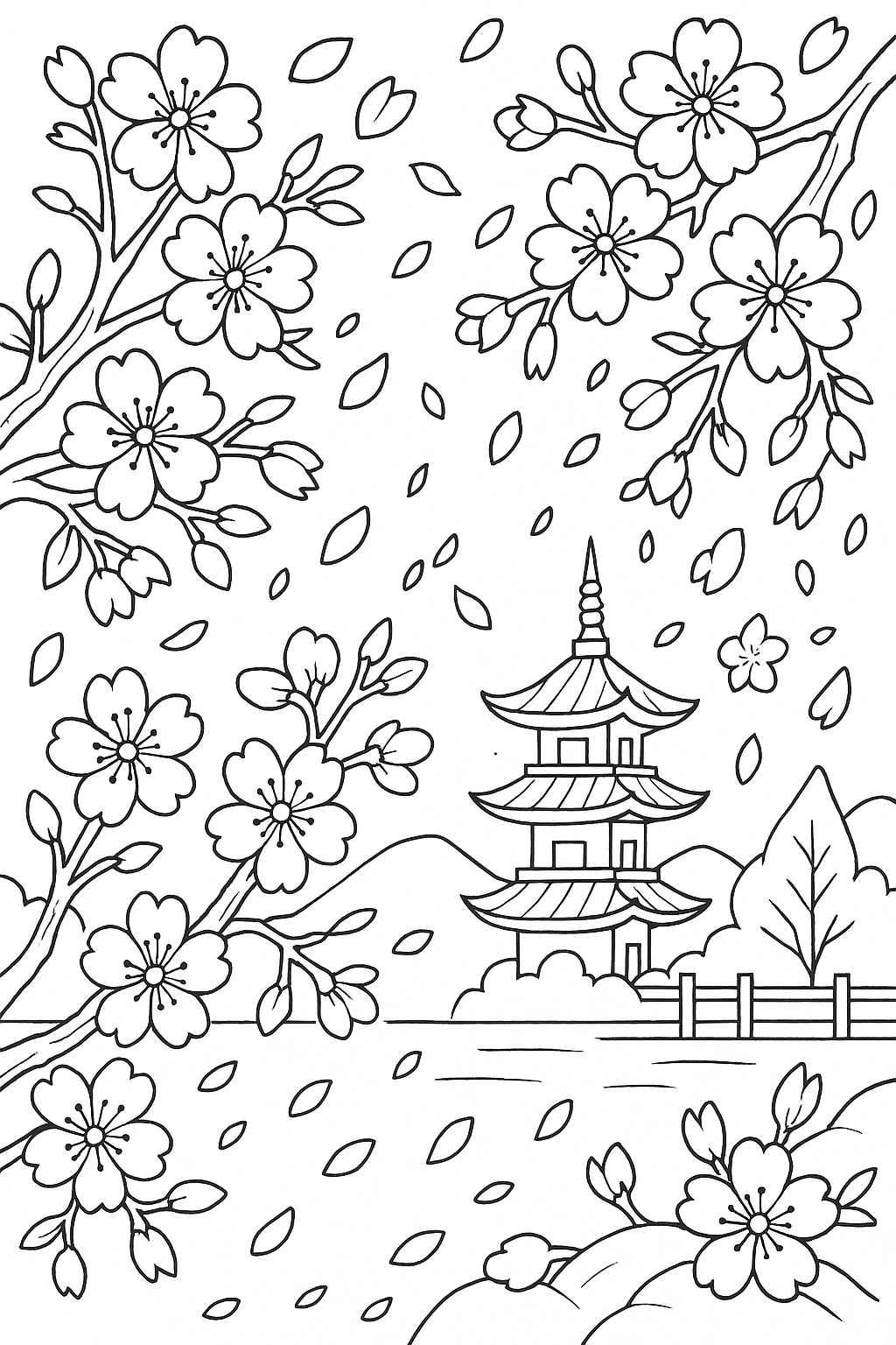 Cherry blossom scene with pagoda and petals