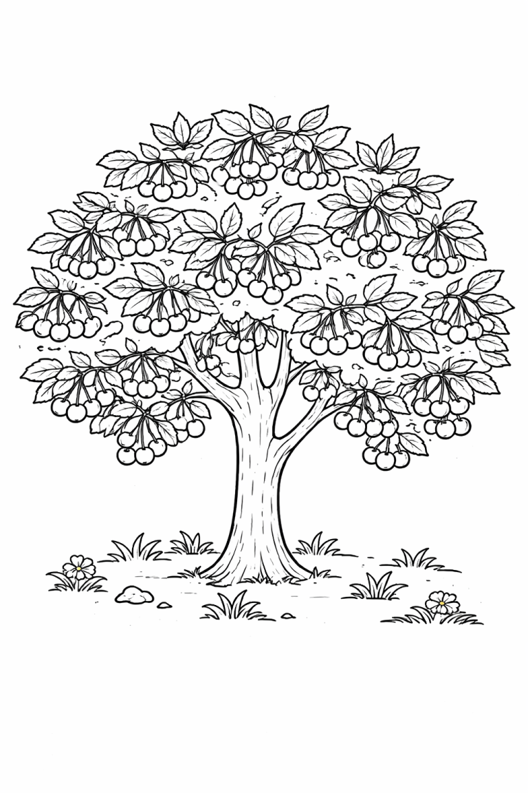 Coloring page of a cherry tree with ripe cherries