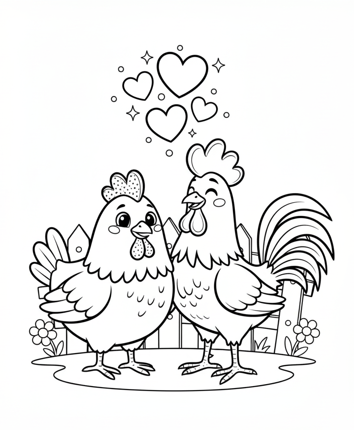 Two cartoon chickens with hearts coloring page
