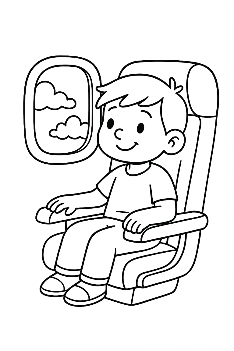 Child sitting in an airplane seat looking out the window with clouds visible.