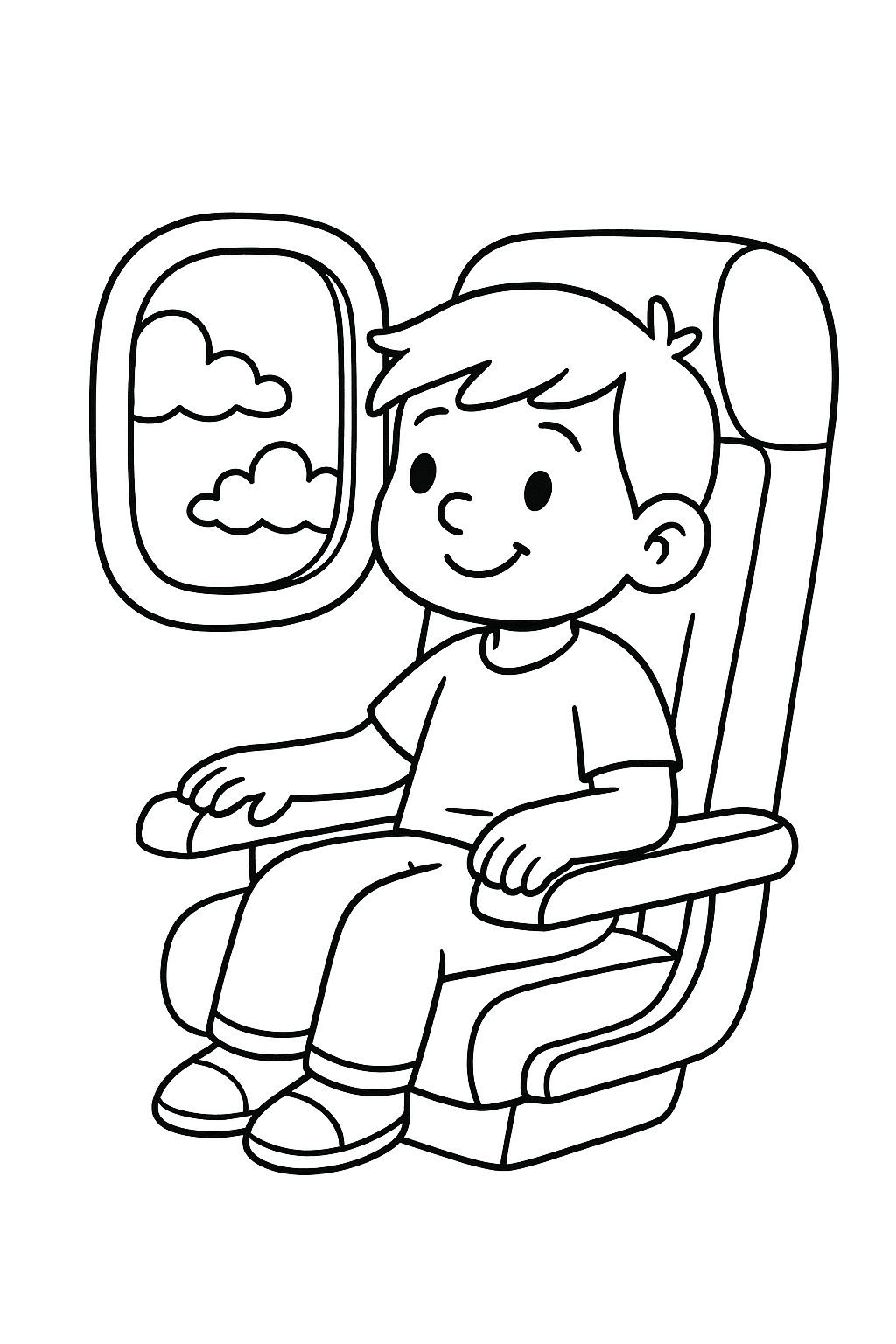 Child sitting in an airplane seat looking out the window with clouds visible.