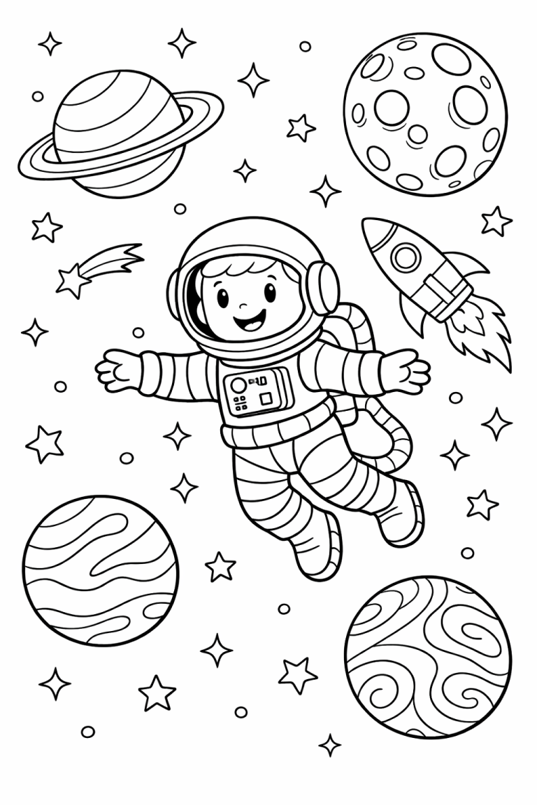 Child astronaut floating in space with planets and rocket