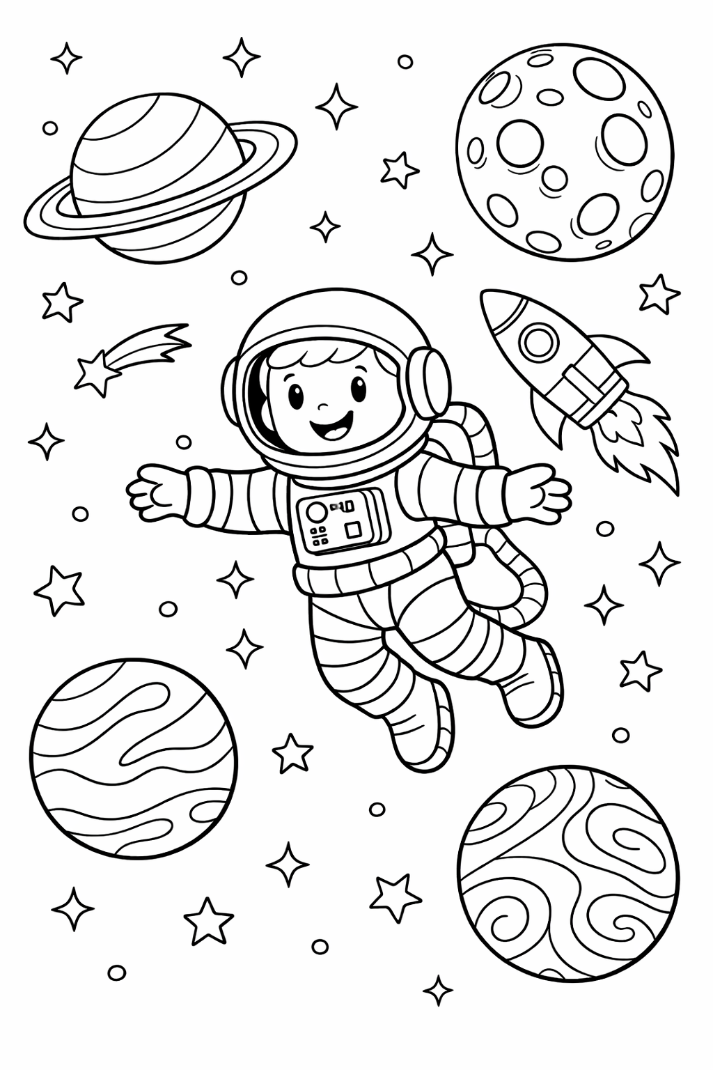Child astronaut floating in space with planets and rocket
