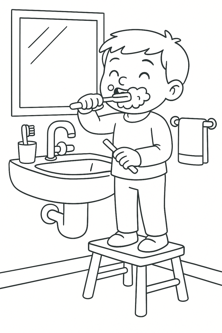 Child brushing teeth coloring page
