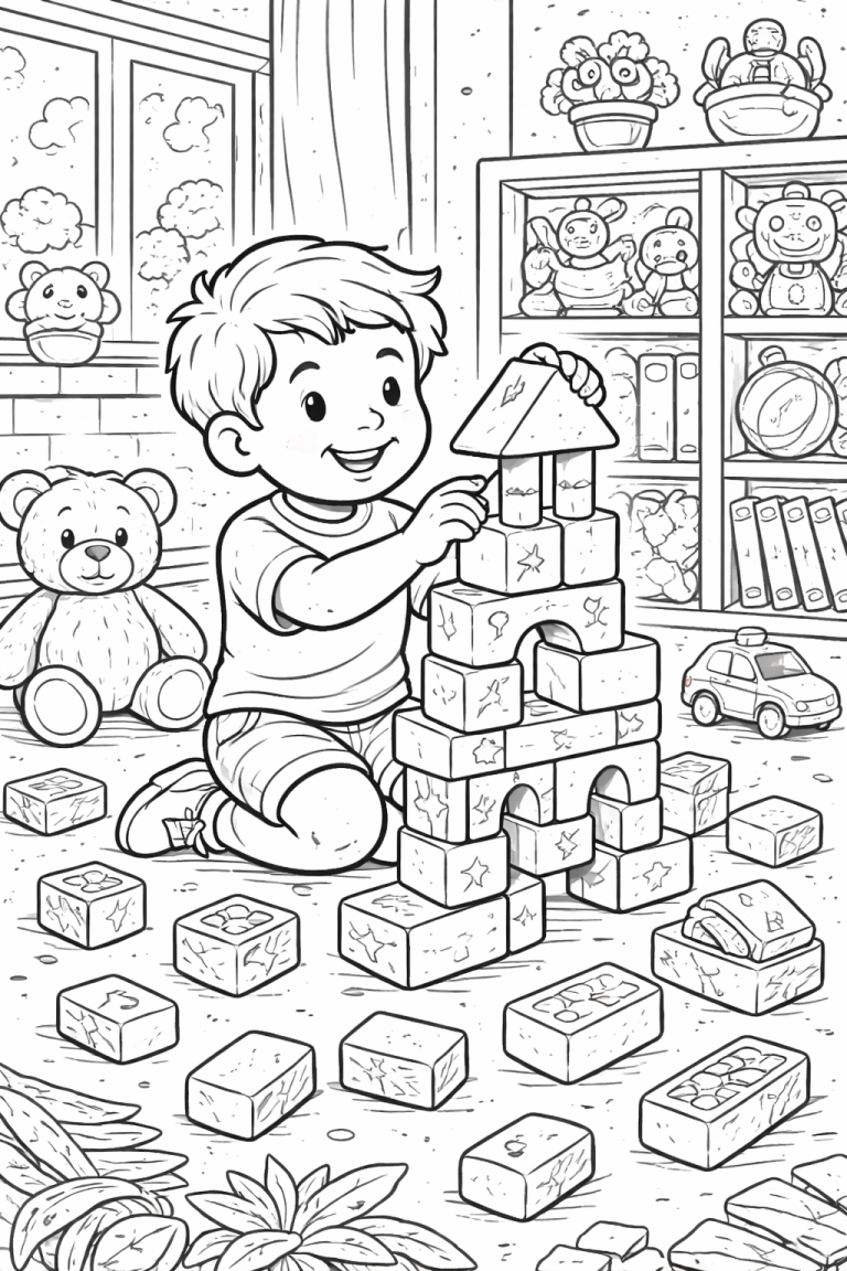 Child building a tower with blocks surrounded by toys