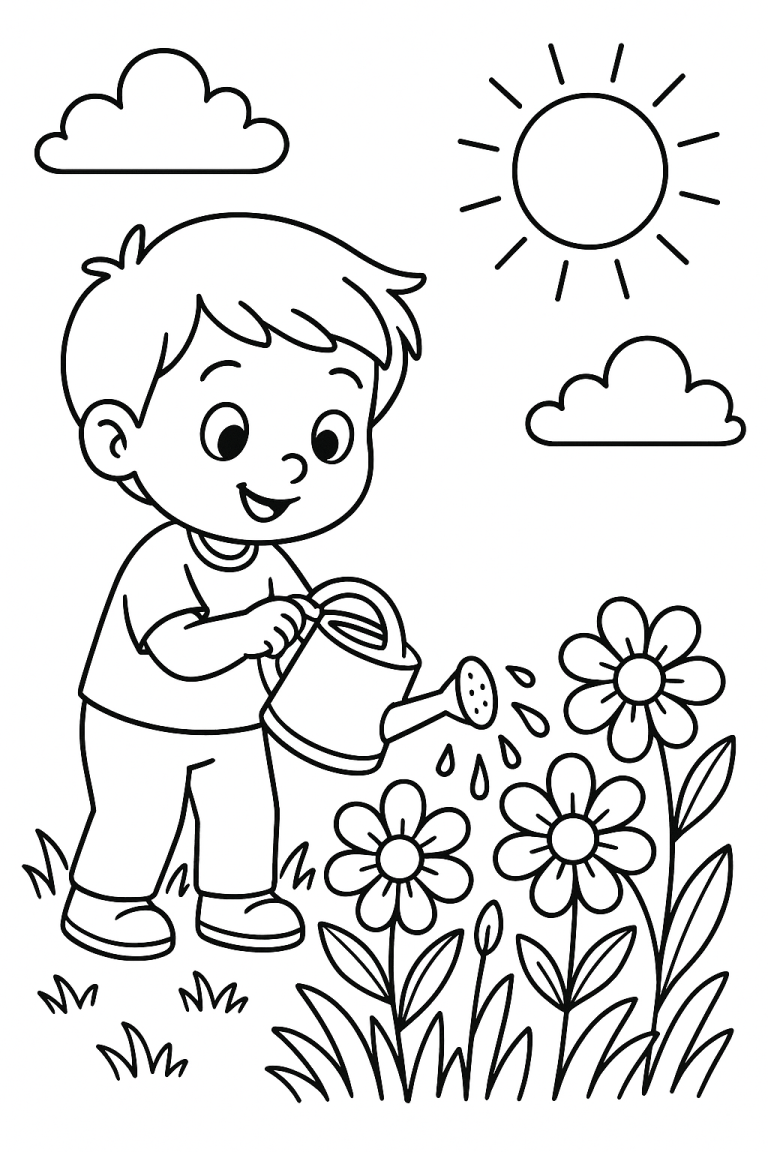 Child watering flowers with a watering can in a garden.