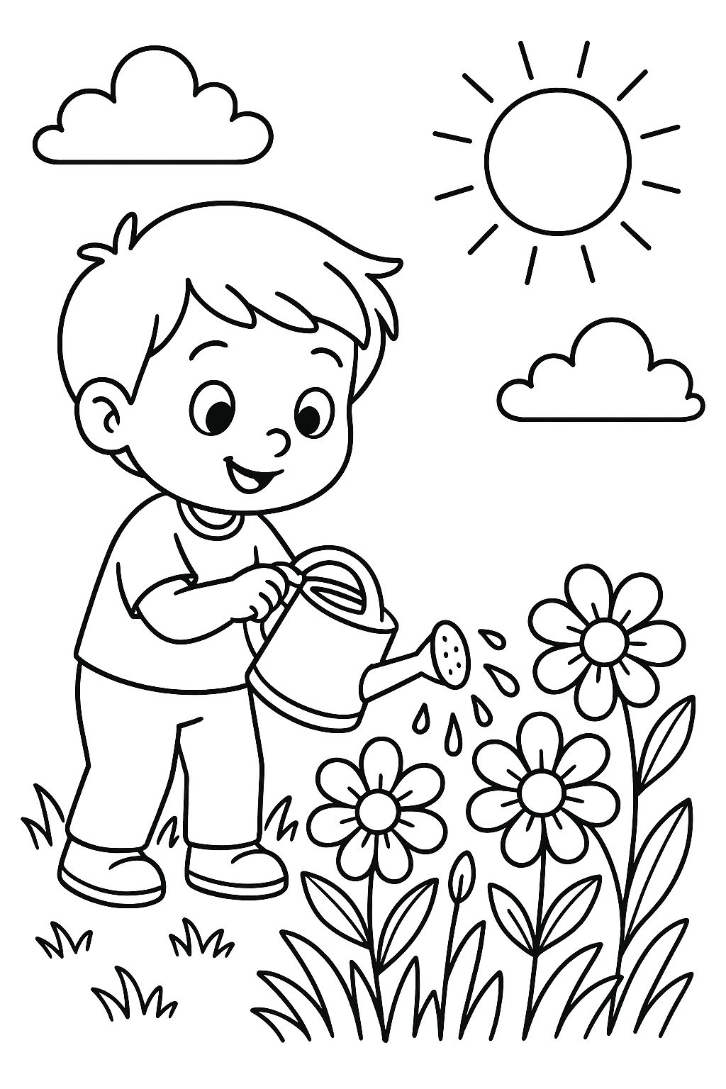 Child watering flowers with a watering can in a garden.
