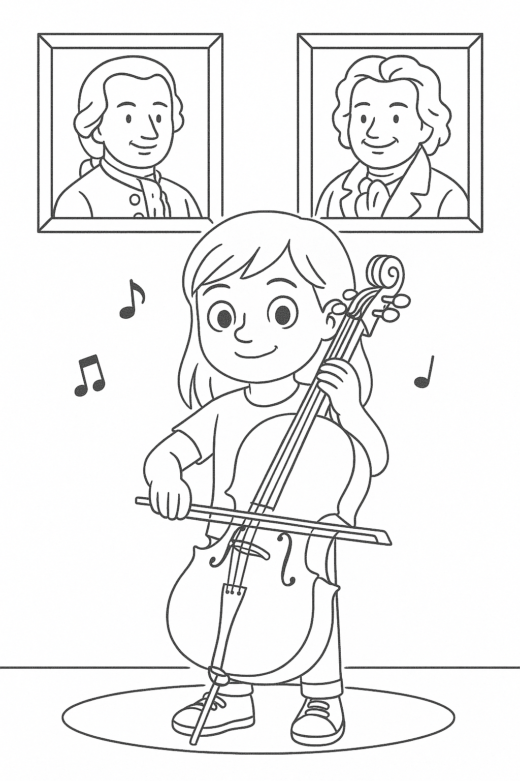 Child playing cello with musical notes
