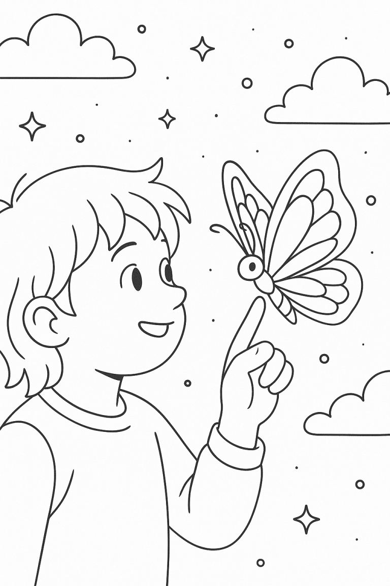A child pointing at a butterfly in the sky.