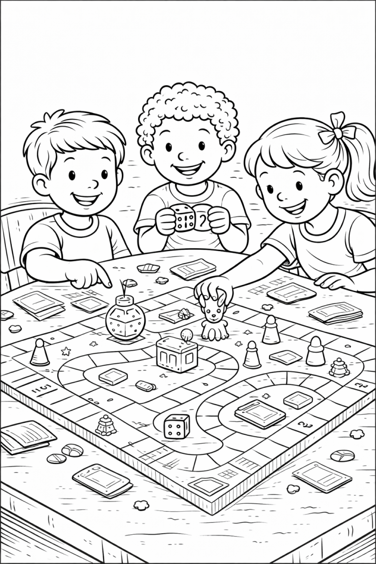 Children playing a board game coloring page