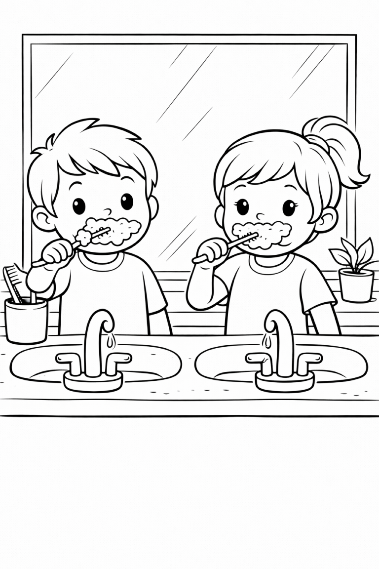 Children brushing teeth coloring page