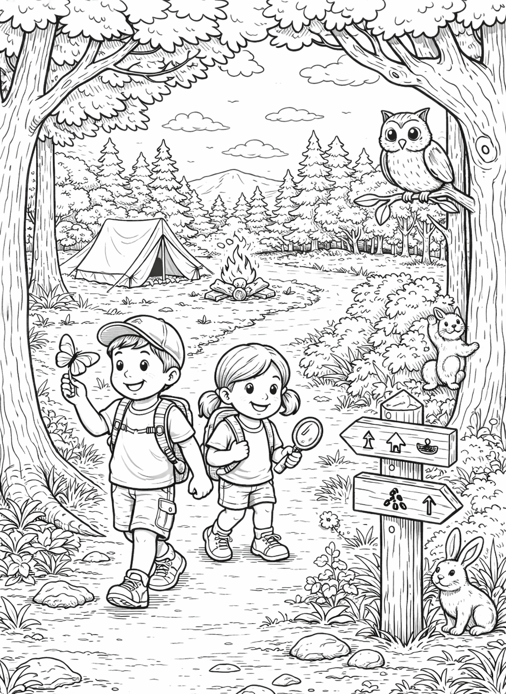 Children exploring a campsite with animals in a forest setting.